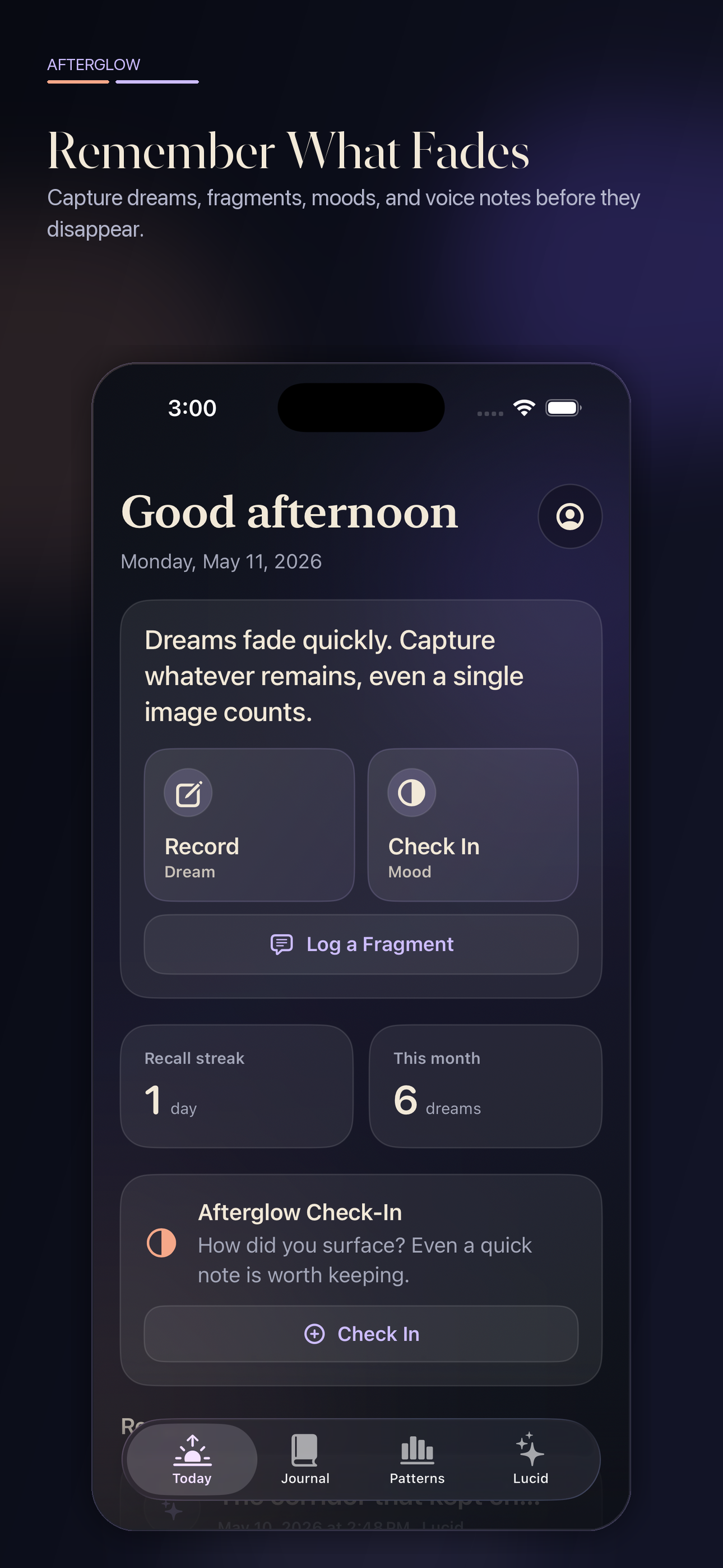 Afterglow Today screen showing dream capture tools